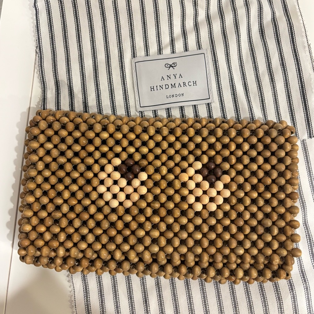 Anya Hindmarch Eyes Clutch in Cedar Beads Eyes Wod-Beaded Clutch Bag NEW